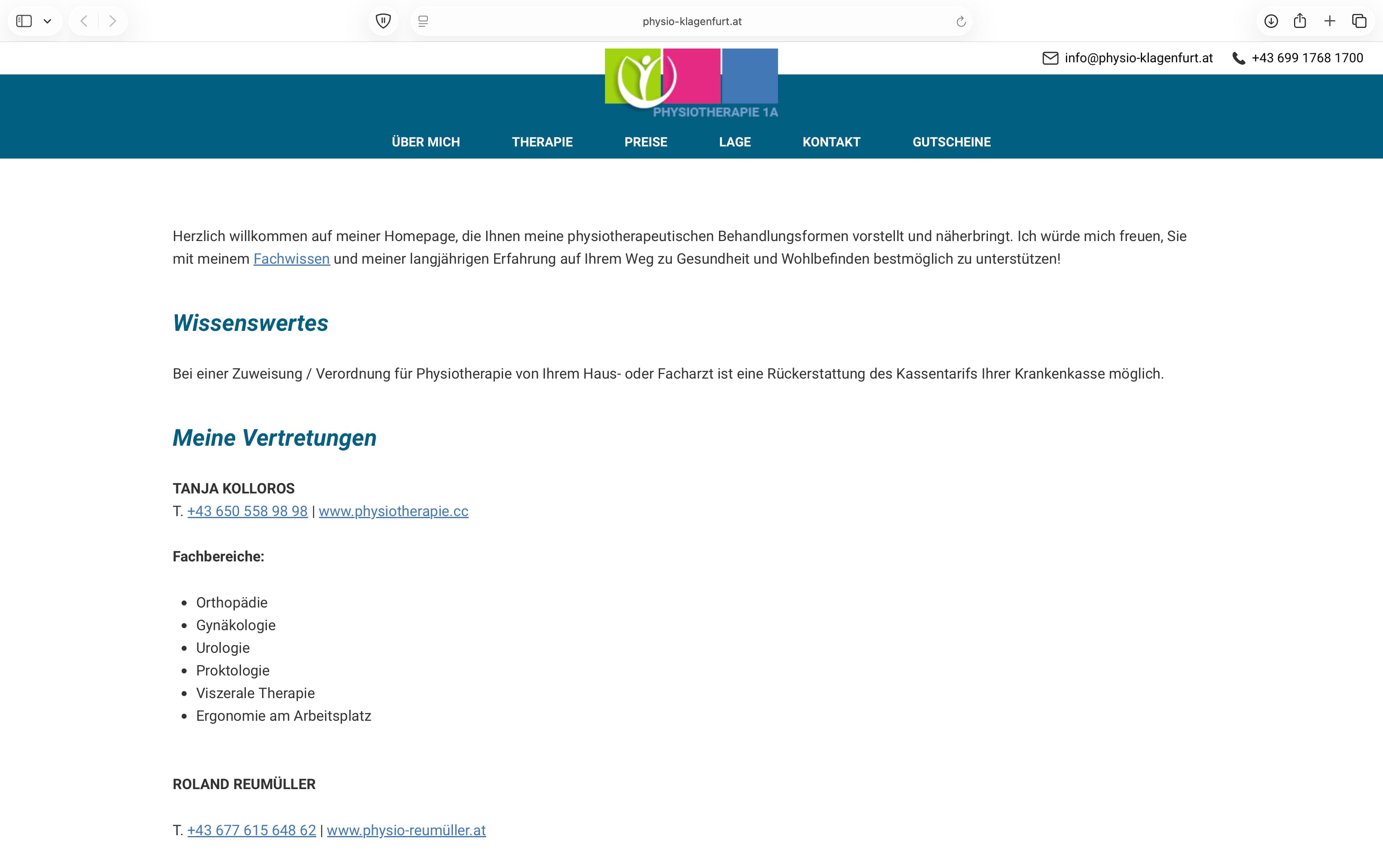 Screenshot der Hero-Section der ersten Physio-Praxis in Klagenfurt